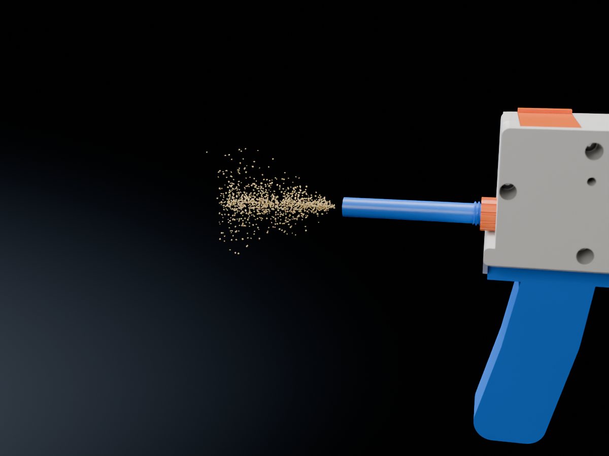 A small cloud of semolina grains leaving the nozzle